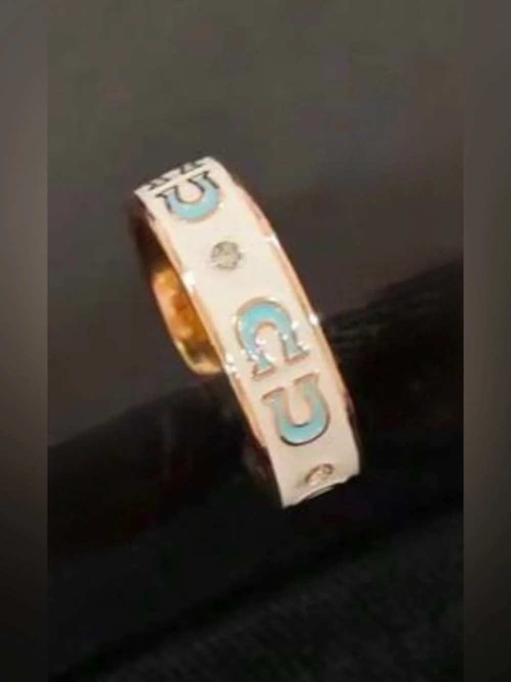 Western Horseshoe Ring Gold-Tone White Enamel Ring with Turquoise Accents